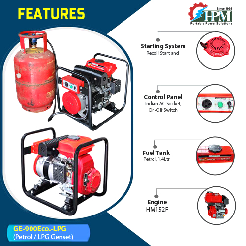 800 VA LPG Generator, Model GE-900ECO-LPG, Petrol & LPG run, Recoil Start